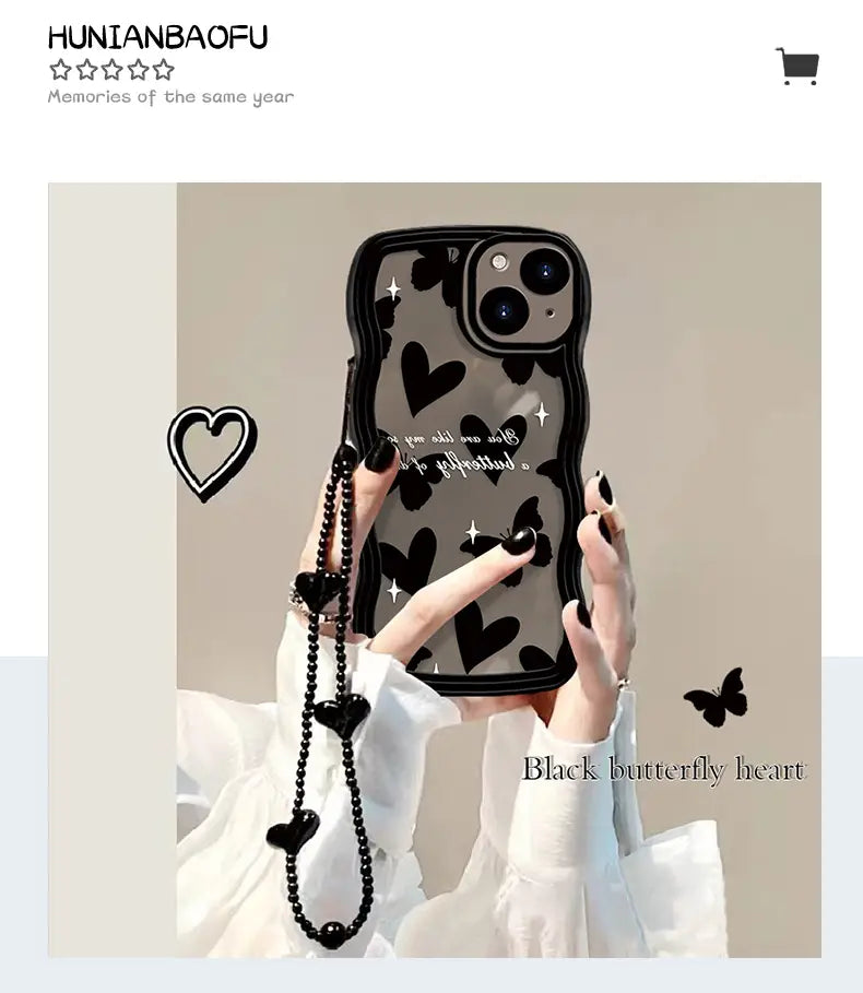 Koreanische süße Welle schwarz Schmetterling Liebe Herz Hang Chain Soft Case für