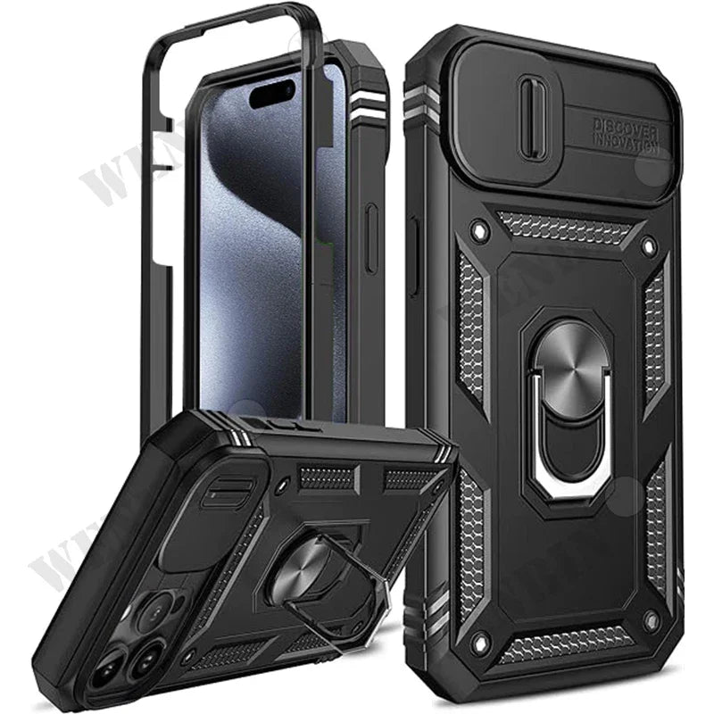 Armor 360 Shockproof Case with Magnetic Ring Holder Stand For iPhone 16 15 14 13 12 11 Pro Max Plus Mini XS XR X 8 7 Plus 8 7 SE  Heavy Duty with Camera Slide Cover