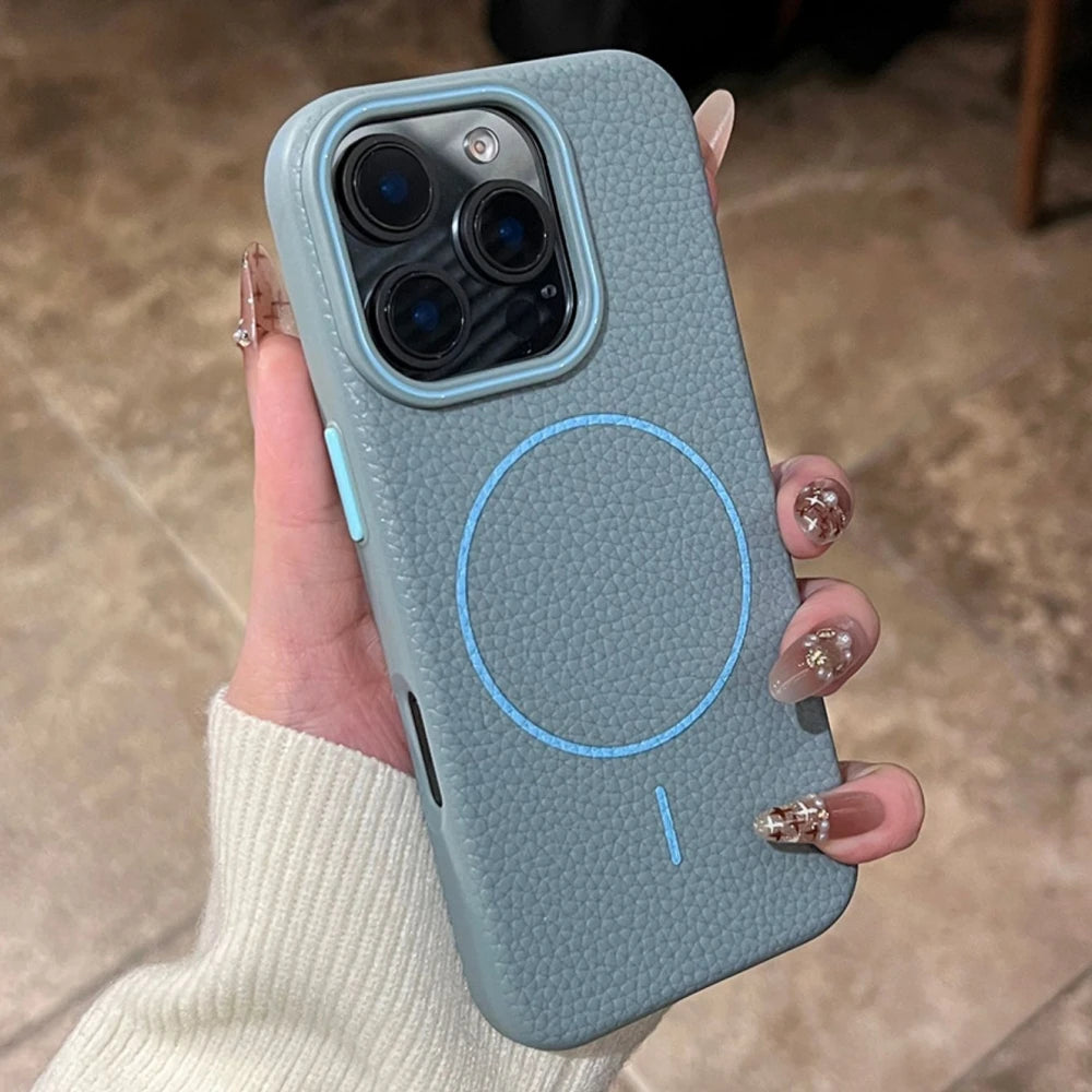 Shockproof Leather Lychee Texture MagSafe Case For iPhone 16 15 12 13 14 11 Pro Max Plus