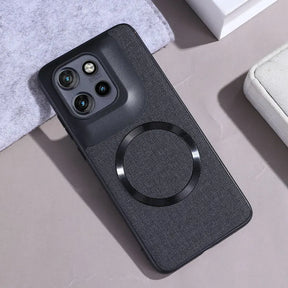Dark grey fabric phone case with a black camera module and a circular magnetic ring.