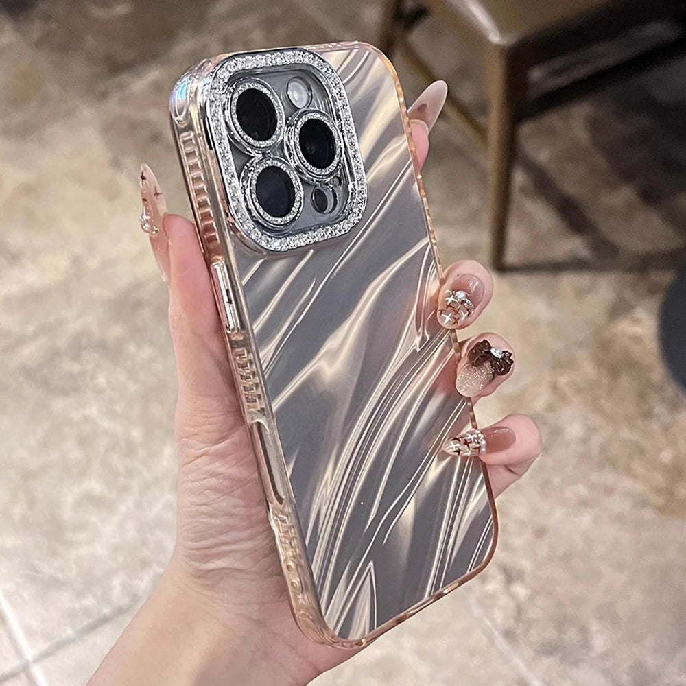 Luxury Glitter Water Ripple Design Lens Protect Case For iPhone 16 12 13 14 15 11 Pro Max Plus