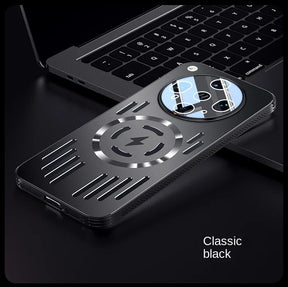 Black metal phone case with a circular magnetic charging area and a large camera cutout.