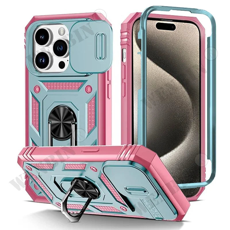 Armor 360 Shockproof Case with Magnetic Ring Holder Stand For iPhone 16 15 14 13 12 11 Pro Max Plus Mini XS XR X 8 7 Plus 8 7 SE  Heavy Duty with Camera Slide Cover