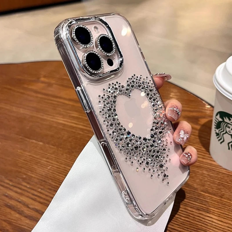Rhinestone-studded heart phone case.