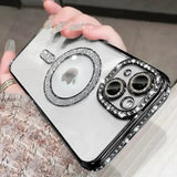 Luxury MagSafe Bling Glitter Case with Crystal Lens for iPhone 16 15 14 13 12 11 Pro Max Plus Wireless Charge Cover