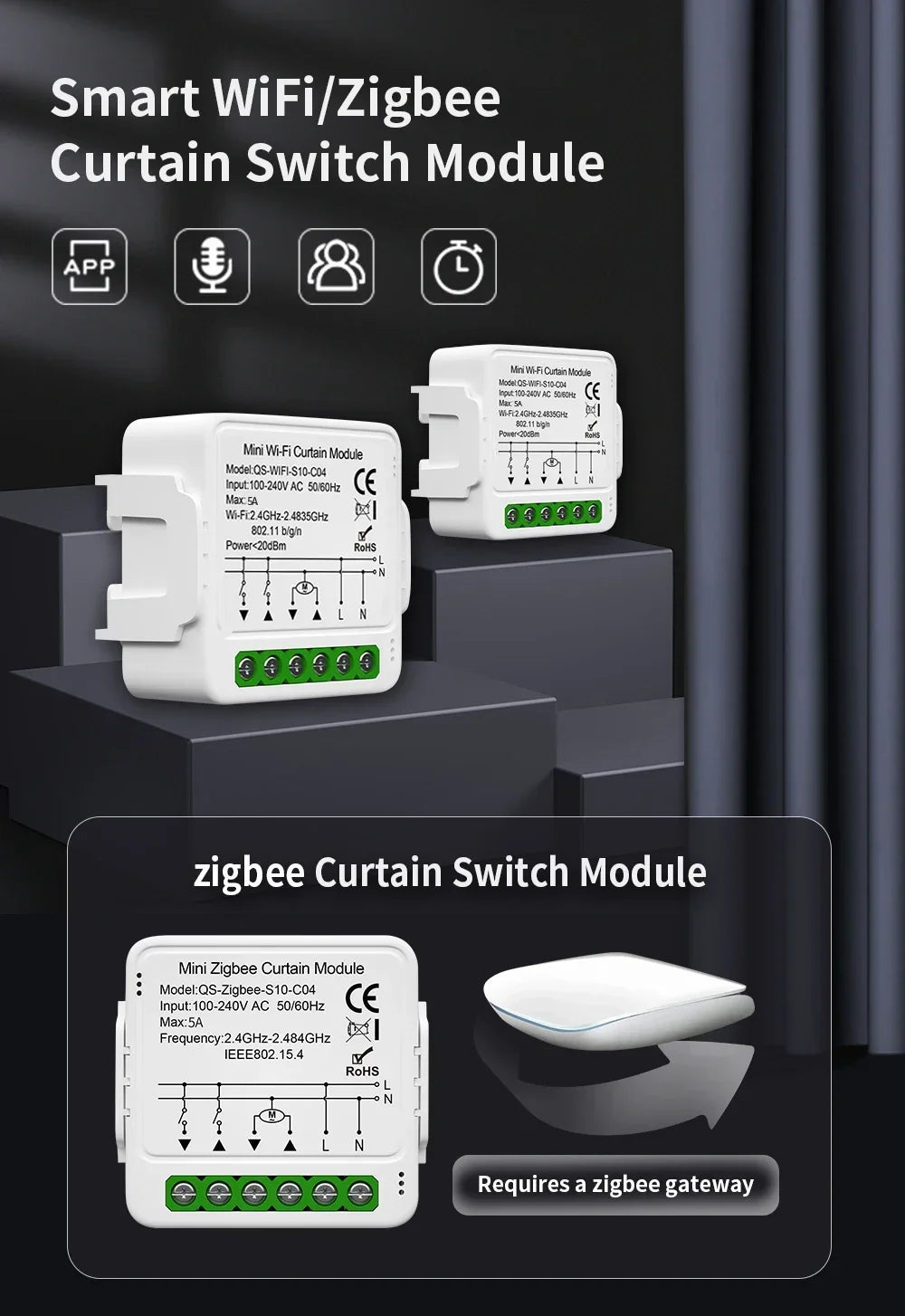 Tuya Zigbee Smart Curtain Switch Control Module - Wifi Blinds Shutter Motor Control via SmartLife Google Alexa Apps