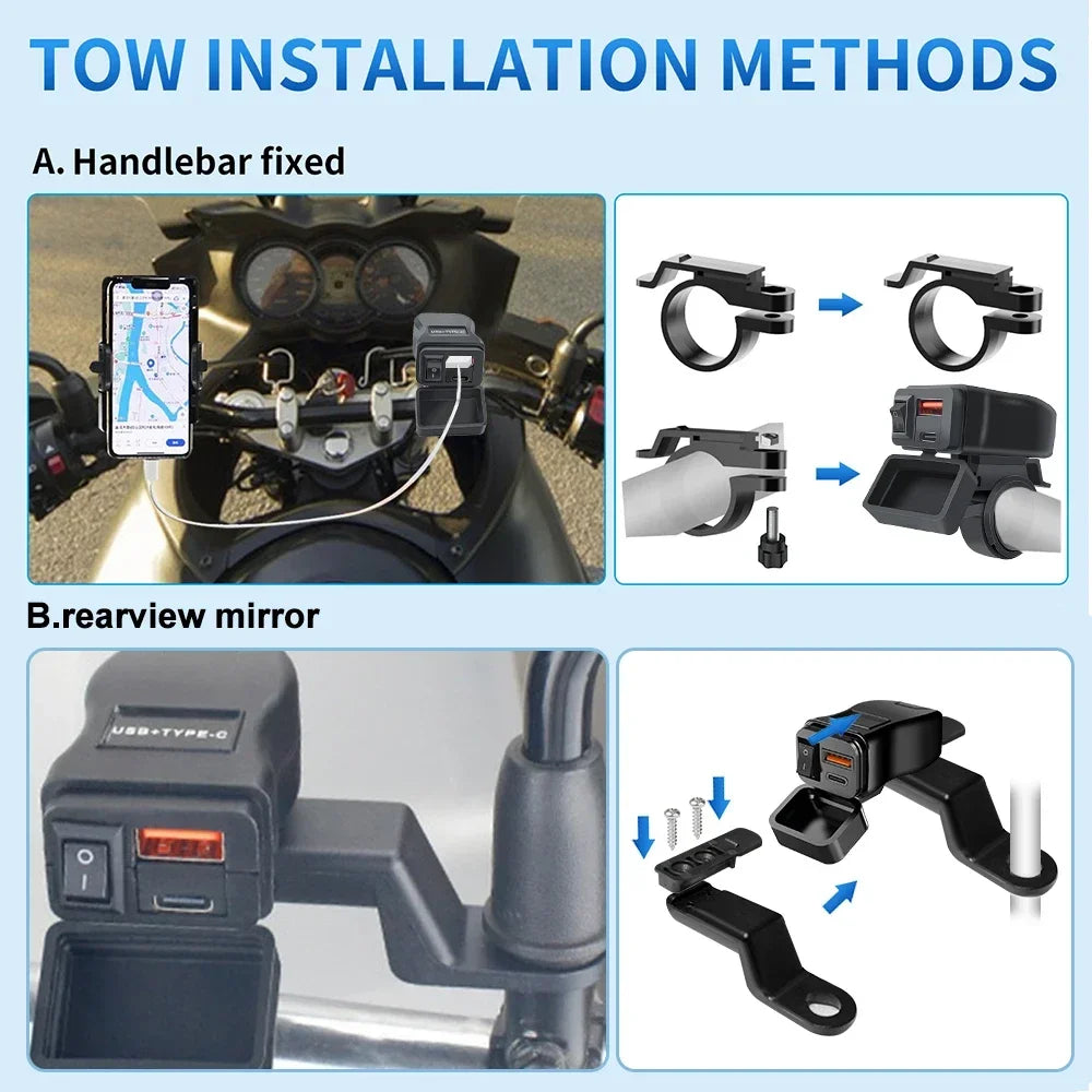 60W Waterproof 12V Motorbike Fast Charger – Dual USB Socket with Voltmeter