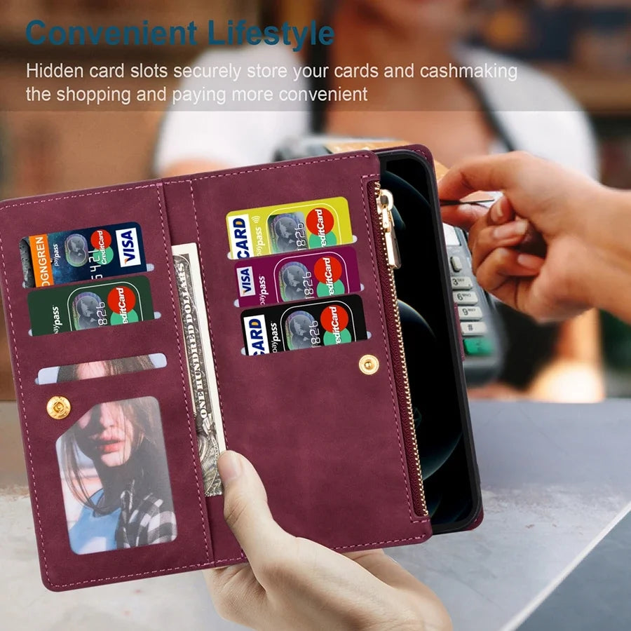 Luxury Zipper Wallet Style Leather Case For Galaxy A03 A04s A10 A12 A13 A14 A21s A22 A23 A24 A31 A32 A33 A34 A41 A51 A52 A53 A54 Card Slots Flip Stand Cover
