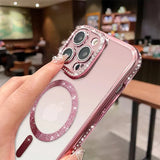 Luxury Glitter Bling MagSafe Case with Crystal LensFor iPhone 15 16 11 12 13 14 Pro Max 16 Plus Magnetic Wireless Charging Clear Cover