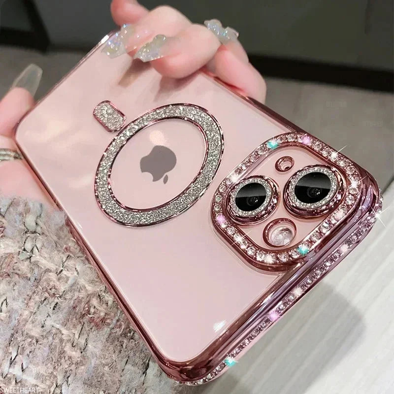 Luxury MagSafe Bling Glitter Case with Crystal Lens for iPhone 16 15 14 13 12 11 Pro Max Plus Wireless Charge Cover