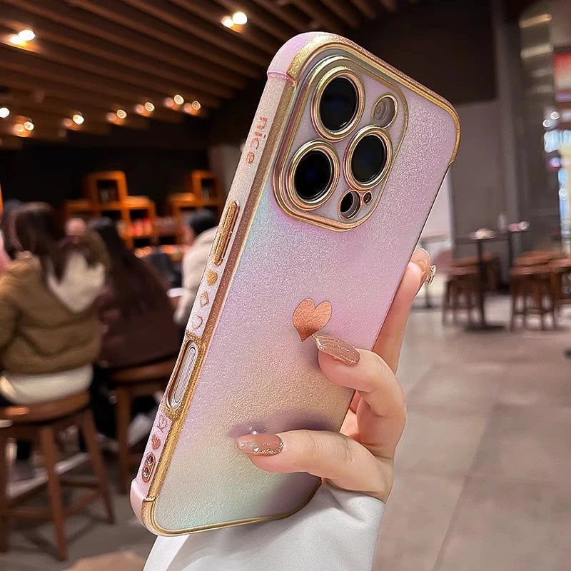 Luxury Plating Heart Design Lens Protect Case For iPhone 16 12 13 14 15 11 Pro Max Plus