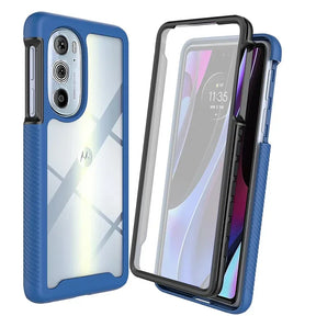 A two-piece, blue and clear protective phone case.