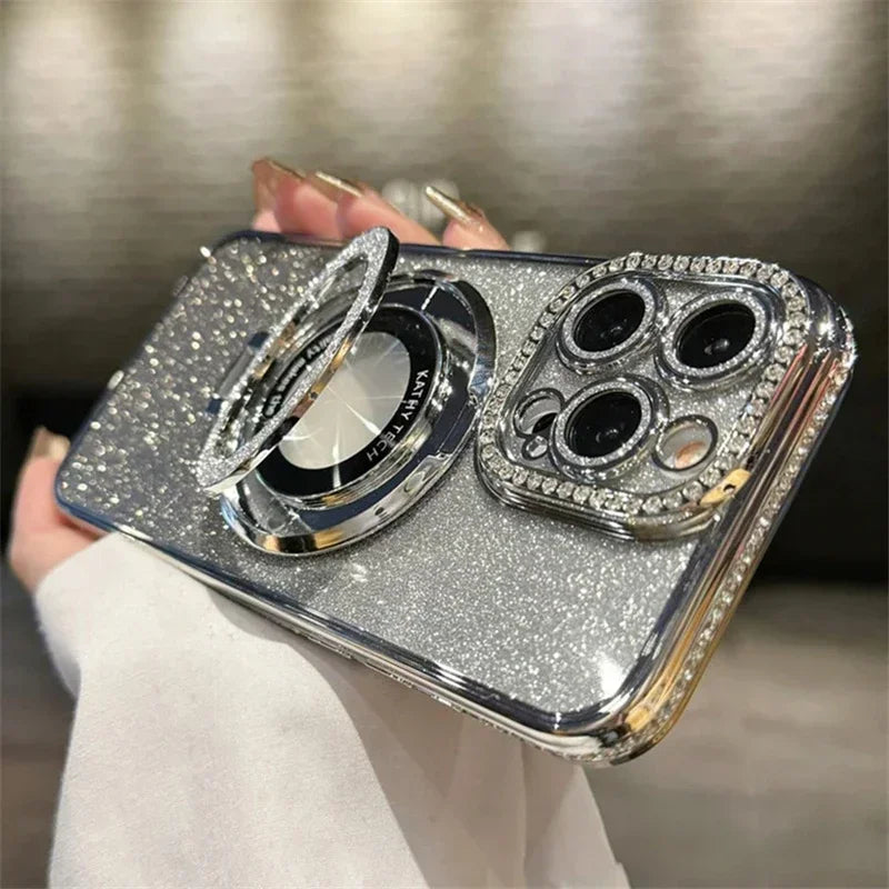 Luxury Magsafe Wireless Charging Jewelled Bling Case For iPhone 16 11 12 13 14 15 Pro Max Glitter Magnetic Ring Bracket Bumper Cover