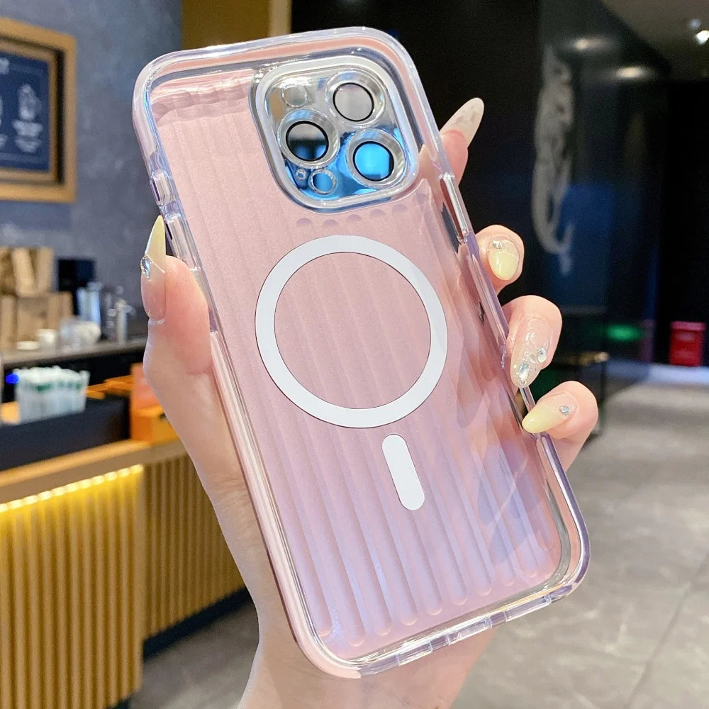 Luxury 3D Stripe Luggage Pattern Design MagSafe Lens Connect Case For iPhone 16 14 15 Pro Max Plus