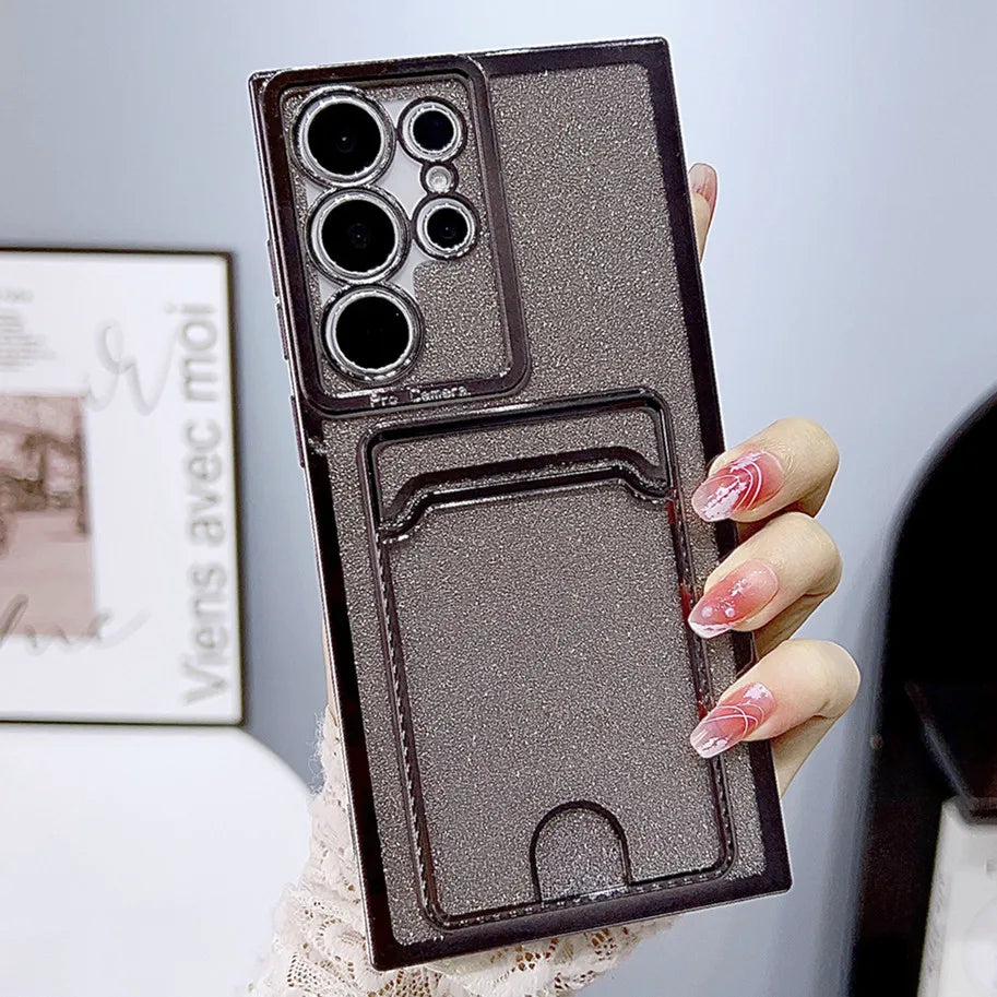 Luxury Plating Glitter Card Holder Lens Protect Case For Samsung S24 S23 S22 S21 S20 Ultra Plus Note 20 10 Pro A73 A53 A72 A52 A51 A71 HD