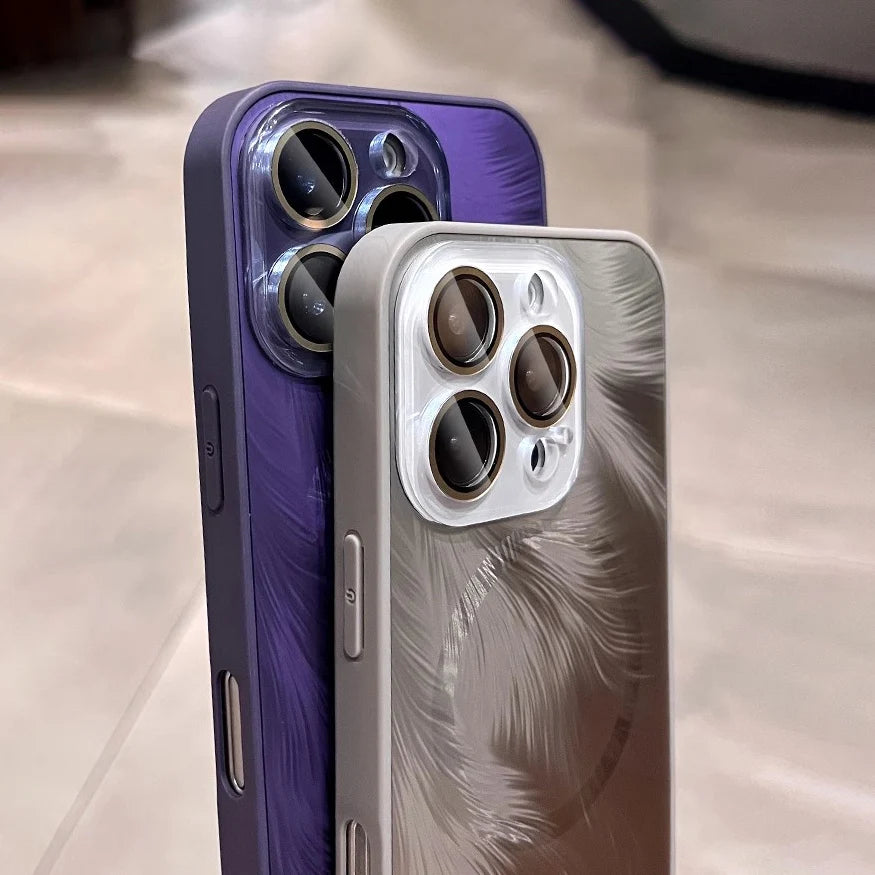 Luxury MagSafe Aurora Feather Finish Lens Protect Case For iPhone 16 15 14 13 12 Pro Max Plus