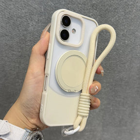 Cream-colored iPhone case with a circular magnetic stand and a matching wrist lanyard.