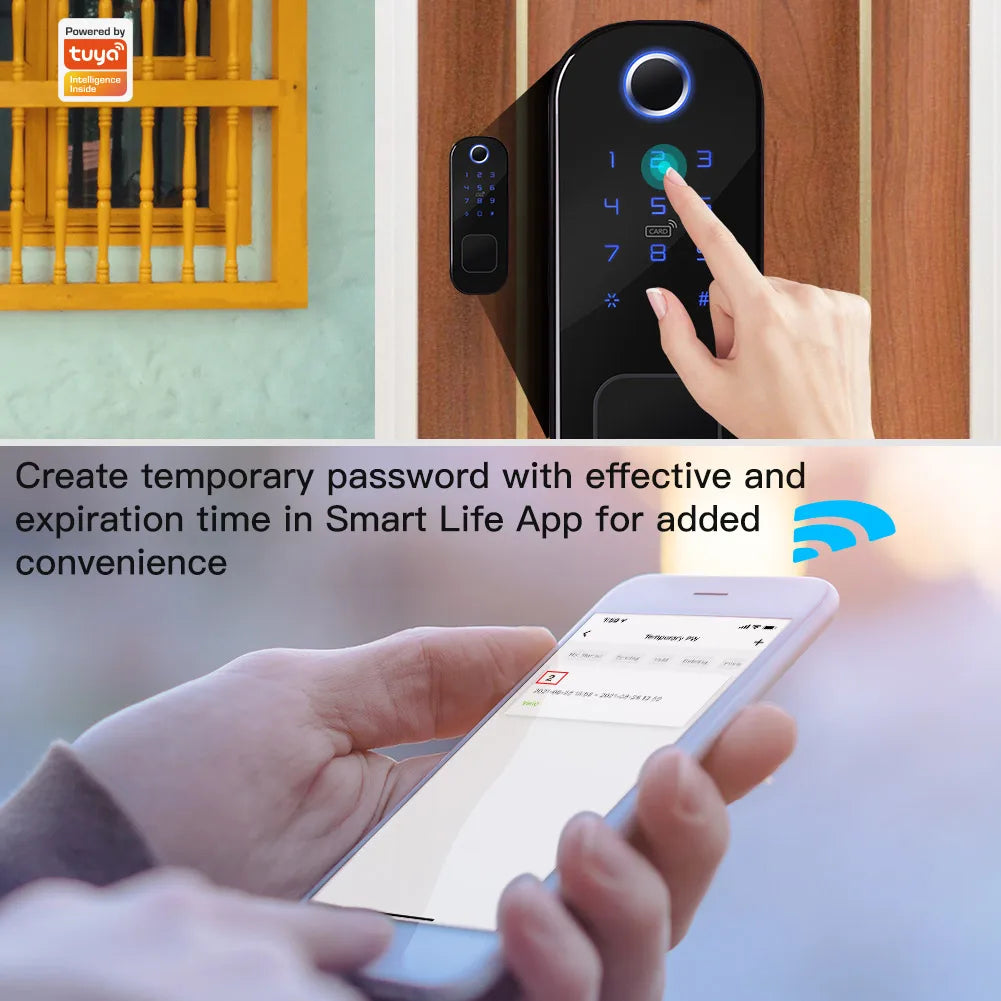 Tuya Smart Digital Door Lock with Fingerprint Recognition - WiFI Password Card Key Security Door Lock Control via SmartLife Google Alexa Apps