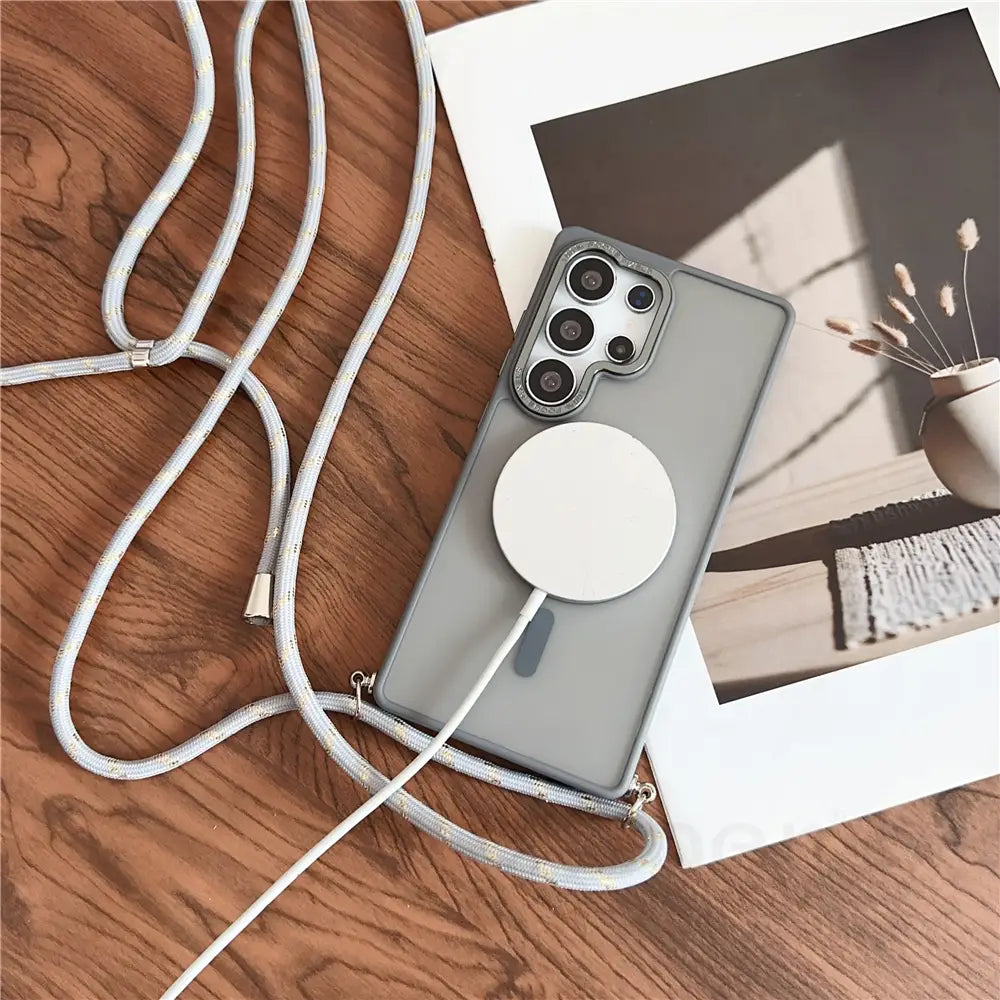Luxury Matte Wireless Charge Lens Protect Case with Strap For Sasmung
