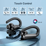 Black wireless earbuds with ear hooks.