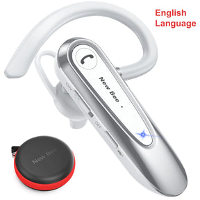 Silver and white Bluetooth headset with carrying case.