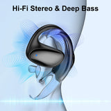 Black wireless earbud with ear hook.