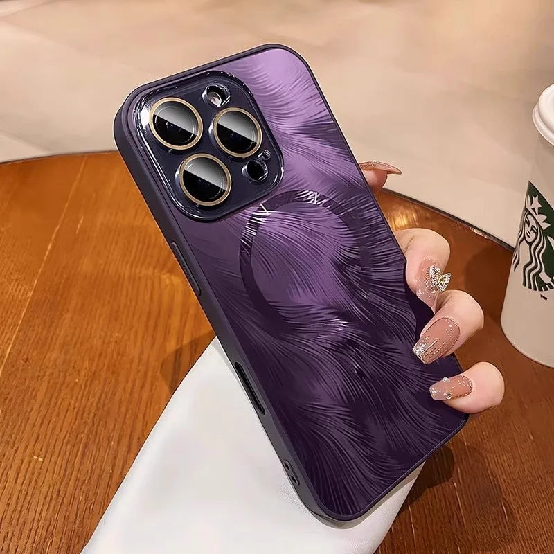 Luxury MagSafe Aurora Feather Finish Lens Protect Case For iPhone 16 15 14 13 12 Pro Max Plus