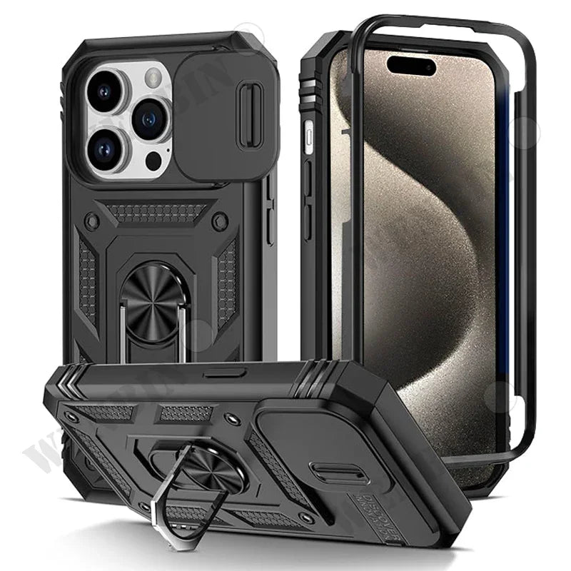 Armor 360 Shockproof Case with Magnetic Ring Holder Stand For iPhone 16 15 14 13 12 11 Pro Max Plus Mini XS XR X 8 7 Plus 8 7 SE  Heavy Duty with Camera Slide Cover