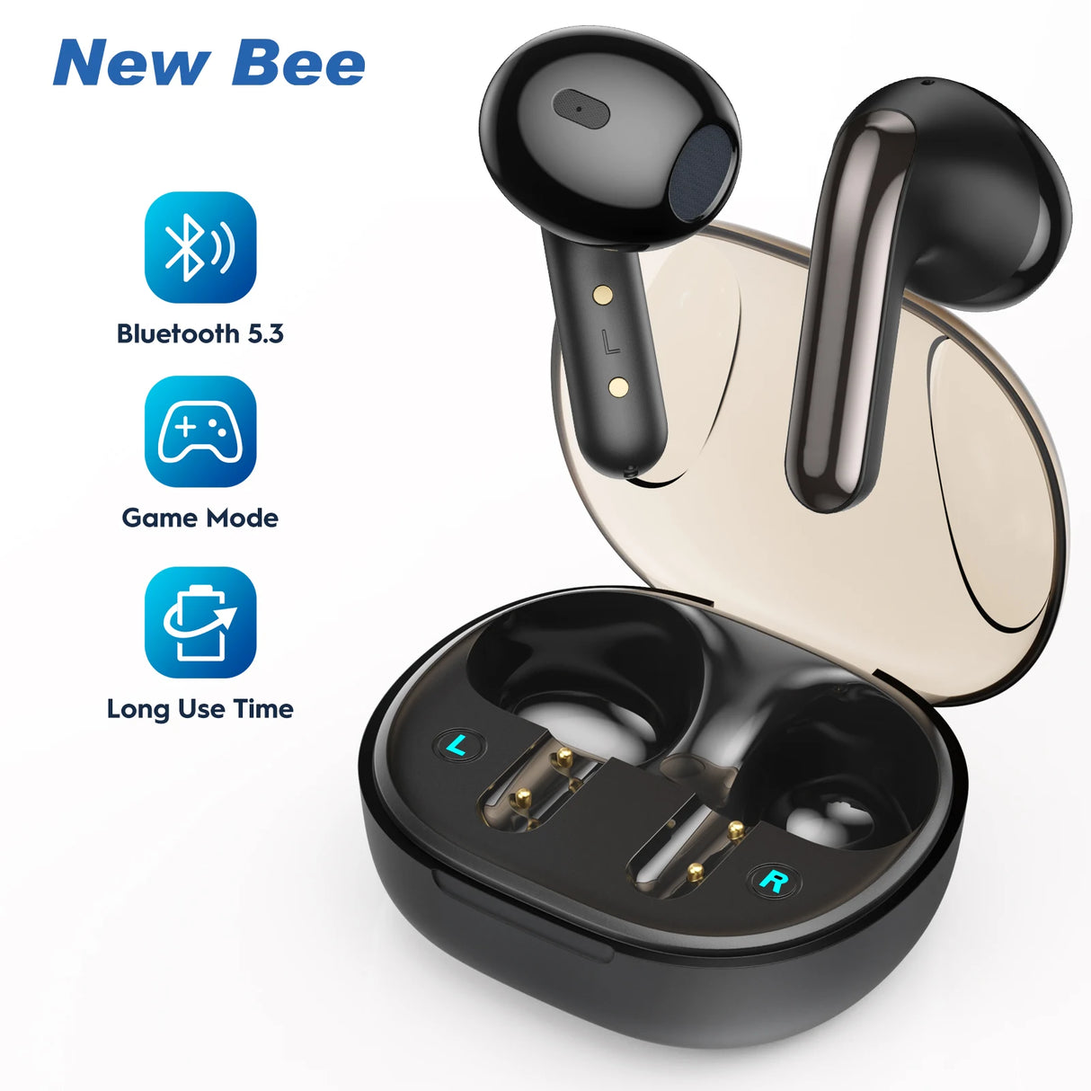 Black wireless earbuds with charging case.