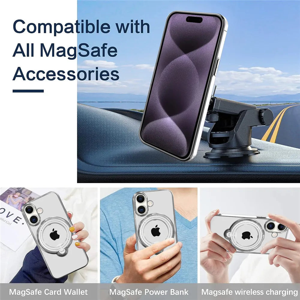 Luxury Plating Magsafe Case with Ring Holder Stand For iPhone 15 16 14 13 12 11 Pro Max XS Max XR 7 8 Plus Transparent Stand Cover