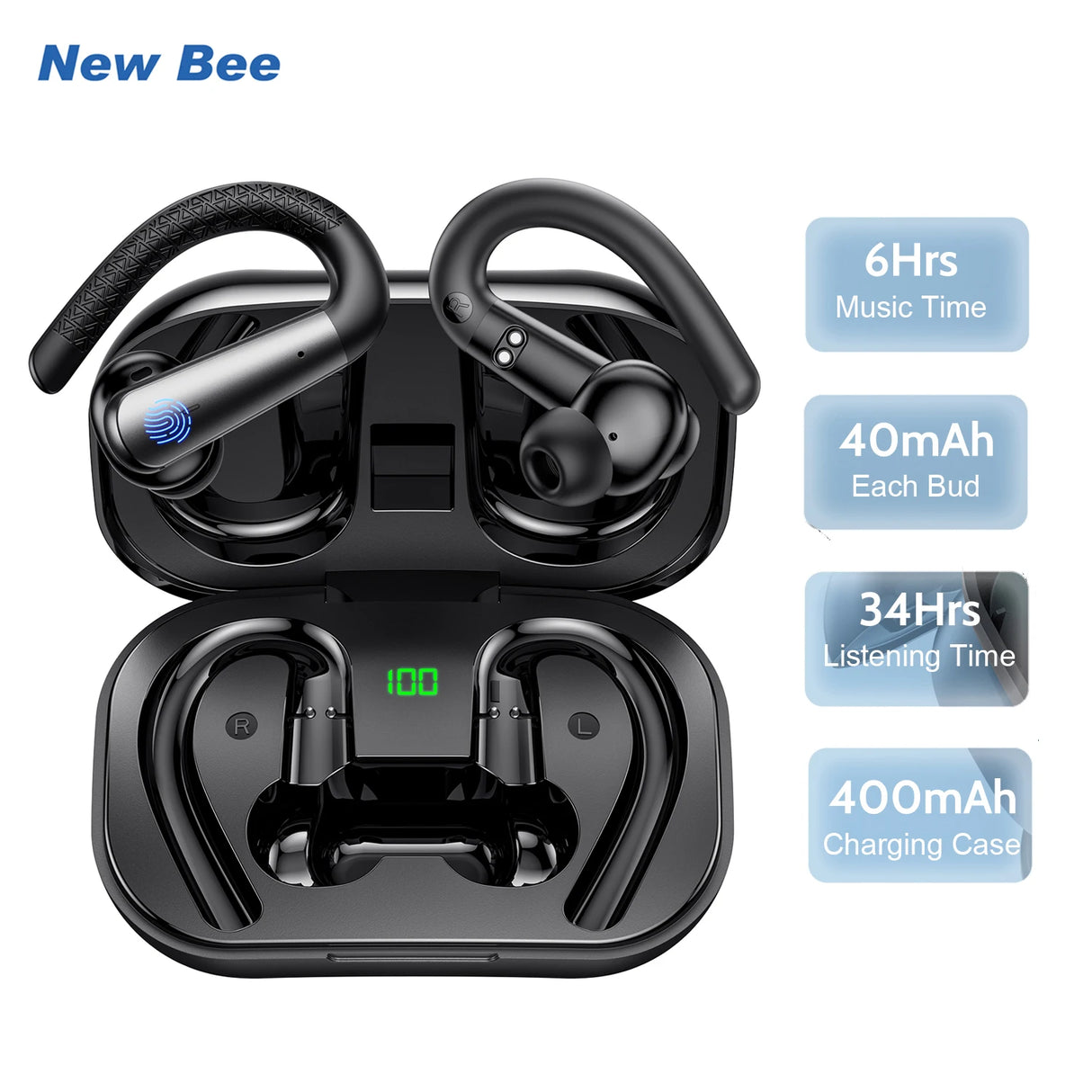 Black wireless earbuds with charging case.