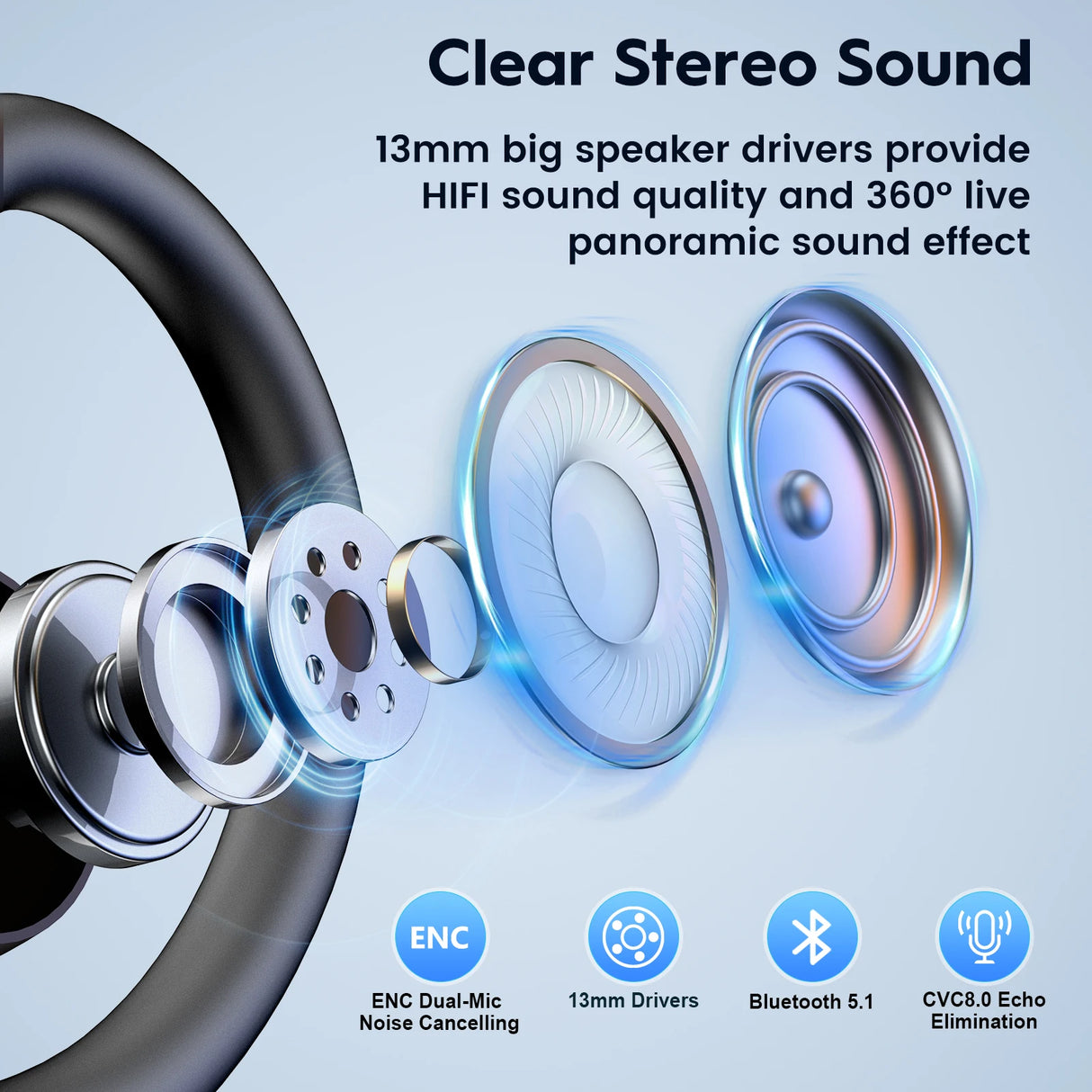 Exploded view of wireless headphones with sound quality features.