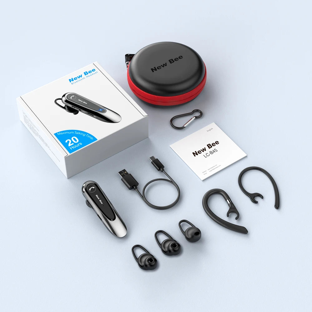 New Bee Bluetooth headset with accessories.