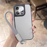 Luxury Shockproof Matte Leather Texture Case with Wrist Strap For iPhone 16 13 14 15 12 Pro Max Plus