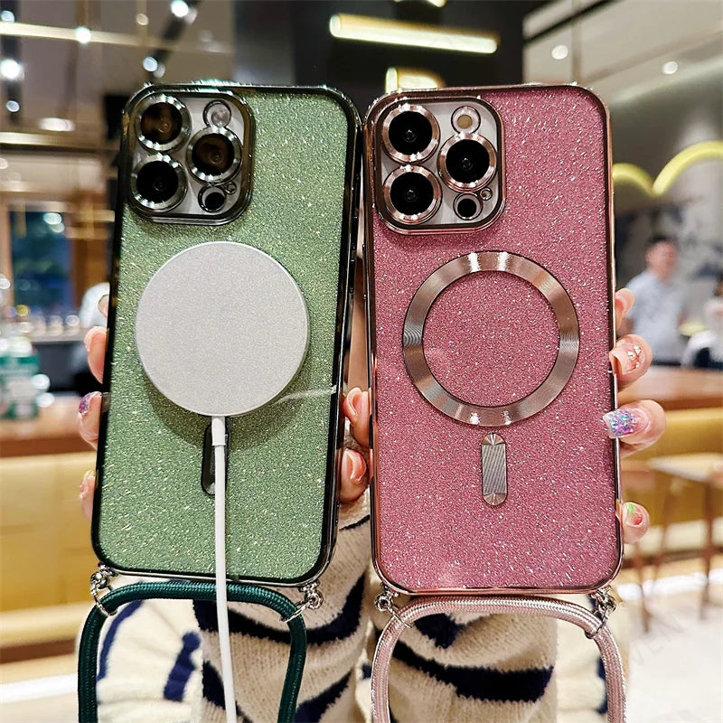 Luxury MagSafe Glitter Crossbody Strap Case For iPhone 16 Pro Electroplated Wireless Charge TPU Back Lanyard Cover