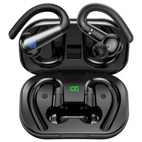 Black wireless earbuds with charging case.