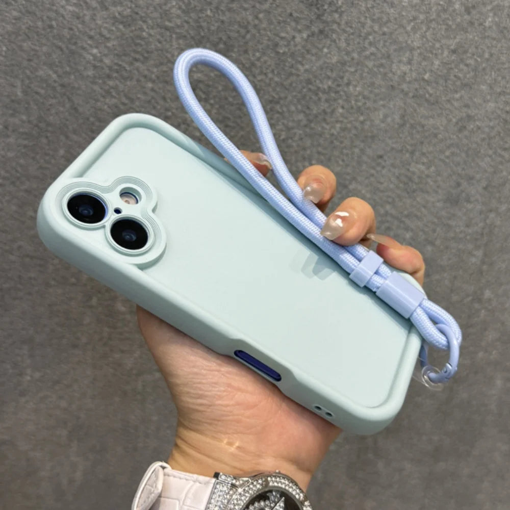 Light blue smartphone with a wrist strap and dual camera cutout.
