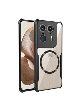 A black and clear protective phone case with a magnetic ring, showcasing the phone’s screen and rear camera module.