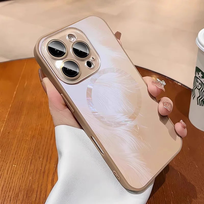 Luxury MagSafe Aurora Feather Finish Lens Protect Case For iPhone 16 15 14 13 12 Pro Max Plus
