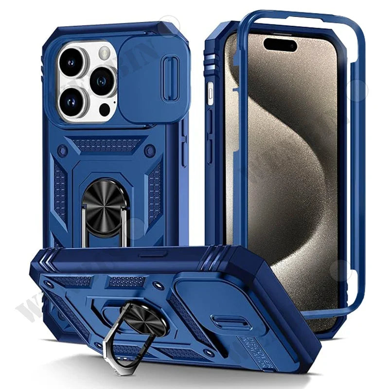 Armor 360 Shockproof Case with Magnetic Ring Holder Stand For iPhone 16 15 14 13 12 11 Pro Max Plus Mini XS XR X 8 7 Plus 8 7 SE  Heavy Duty with Camera Slide Cover