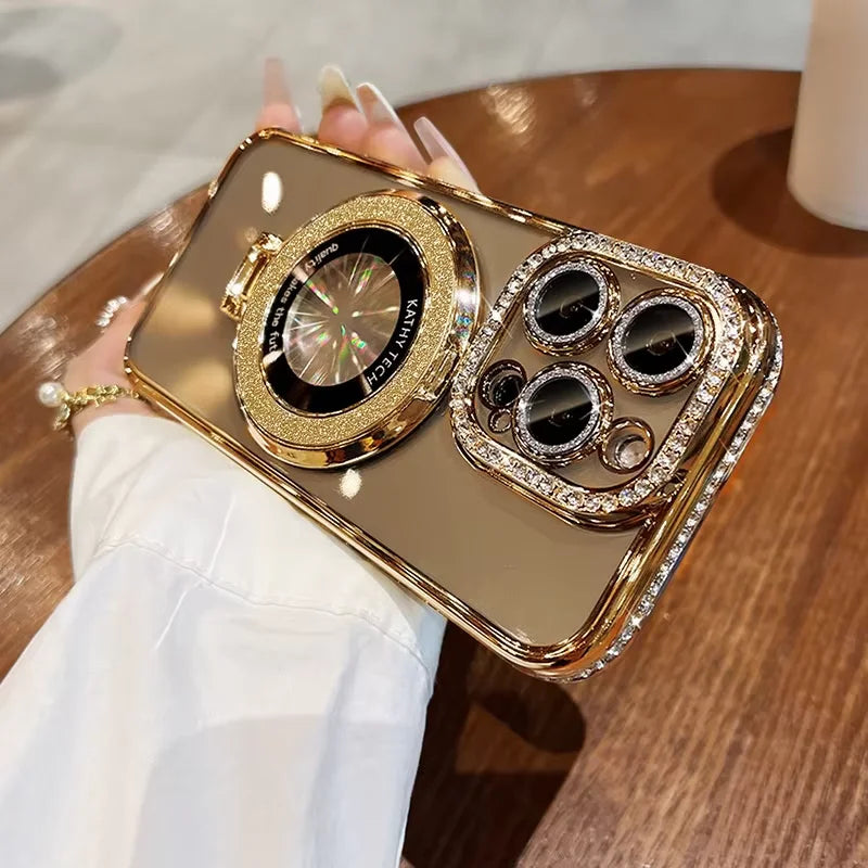 Luxury MagSafe Glitter Bling Plating Case with Ring Holder Stand For iPhone 16 ProMax 15 11 12 13 14 Plus Diamond Wireless Charge Silicone Cover