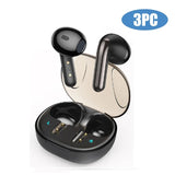 Black wireless earbuds with charging case.