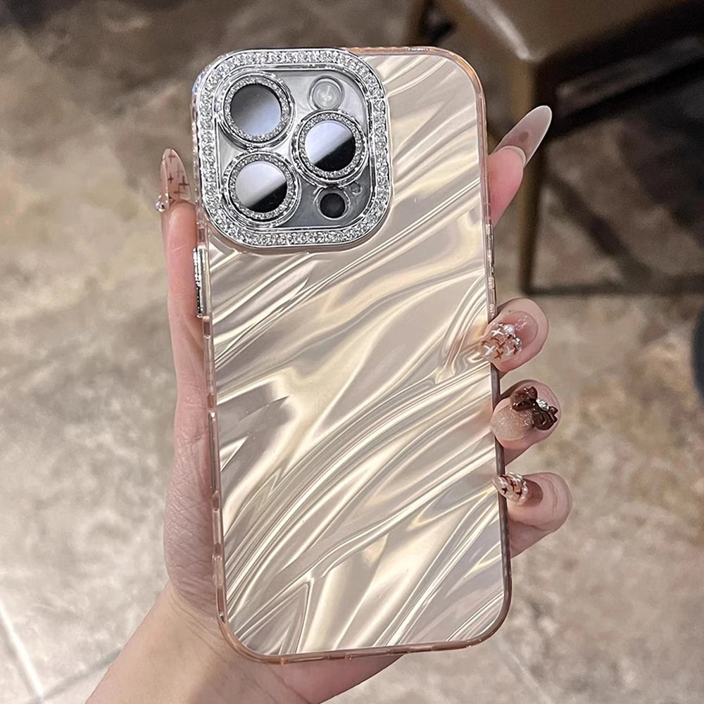 Luxury Glitter Water Ripple Design Lens Protect Case For iPhone 16 12 13 14 15 11 Pro Max Plus