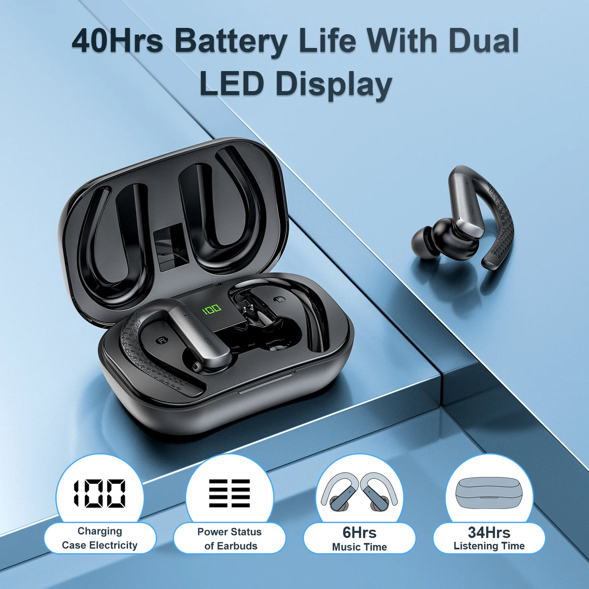 Black wireless earbuds with charging case.