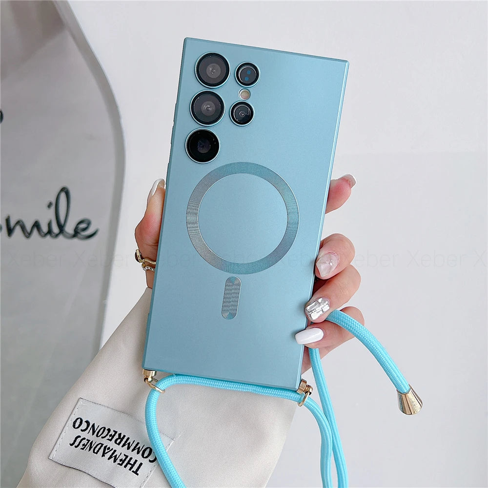 Luxury Magnetic Wireless Charge Lens Protect Case with Lanyard For Samsung S25 S24 S23 S21 S22 S20FE Plus Ultra Note 20