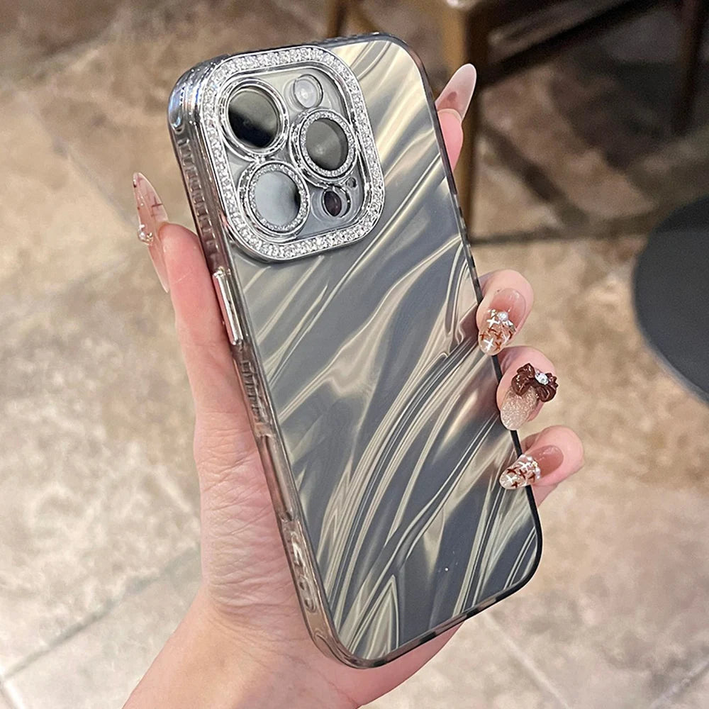 Luxury Glitter Water Ripple Design Lens Protect Case For iPhone 16 12 13 14 15 11 Pro Max Plus