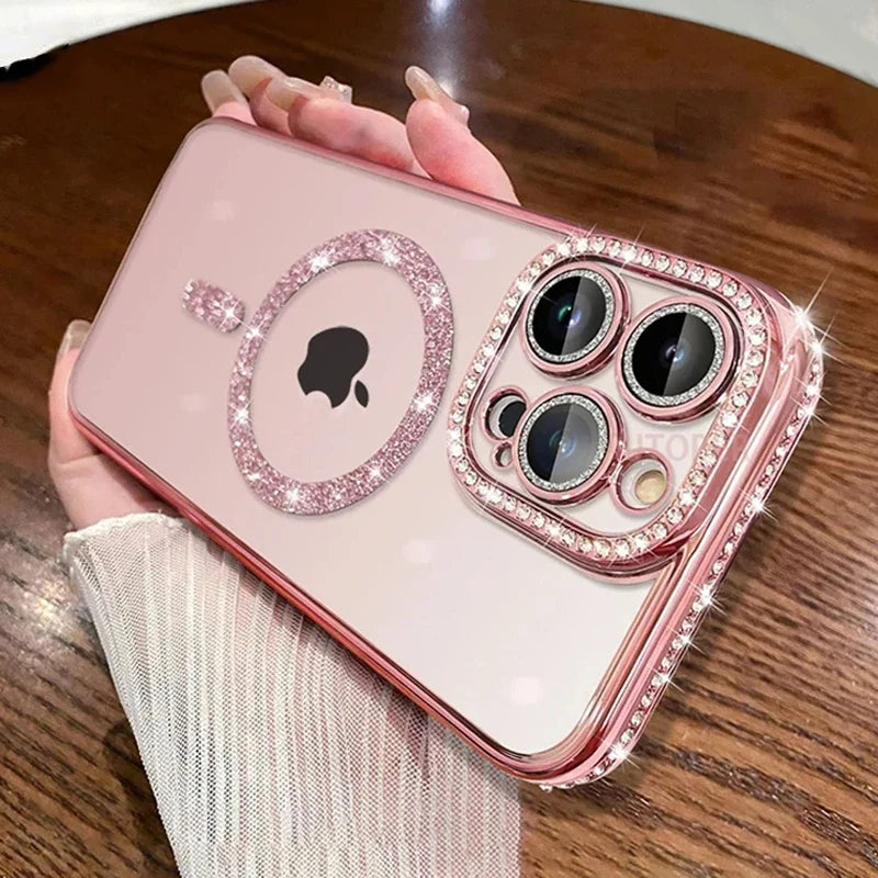 Luxury Glitter Bling MagSafe Case with Crystal LensFor iPhone 15 16 11 12 13 14 Pro Max 16 Plus Magnetic Wireless Charging Clear Cover