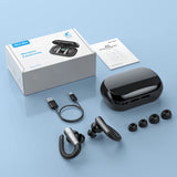 Wireless earphones with charging case and accessories.