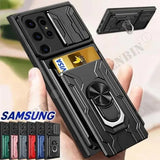 Shockproof Armor Case with Card Slots & Magnetic Ring Holder Stand For Samsung S24 S23 S22 S21 Ultra Plus FE A55 A35 A25 A15 Camera Lens Slide Cover Military Grade Car Cover