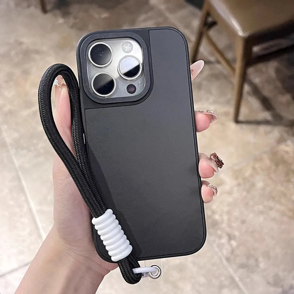 Luxury Shockproof Matte Leather Texture Case with Wrist Strap For iPhone 16 13 14 15 12 Pro Max Plus